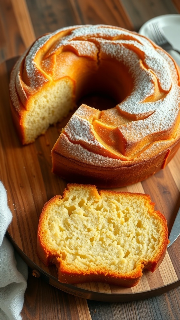 Classic Butter Pound Cake Recipe A golden brown butter pound cake on a wooden board, sliced to show its moist texture, with powdered sugar on top.